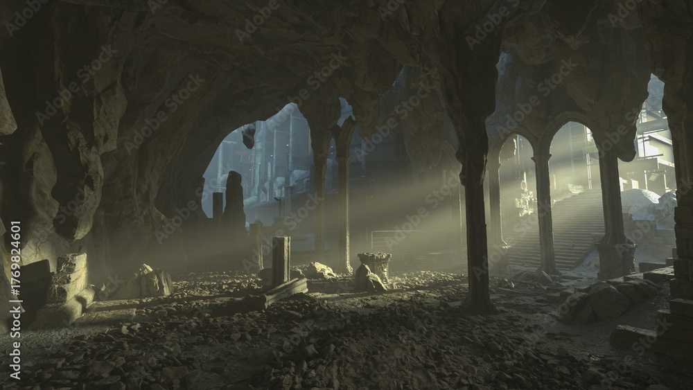 Obraz premium Creepy old ruined temple underground beneath a futuristic city. 3D render fantasy background illustration.