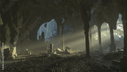 Photos Creepy old ruined temple underground beneath a futuristic city