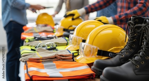 safety gear and equipment displayed on a table during a construction meeting