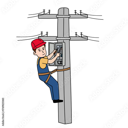 illustration of lineman with electrical installation on the city for electrical service vector
