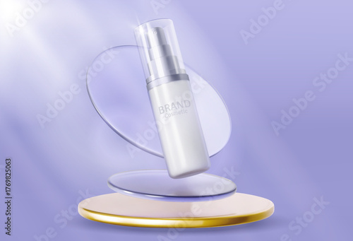Cosmetic product ads template with glass plate.Beautiful cosmetic templates for ads, realistic 3d silver bottle on a light purple background. Beauty design for premium product