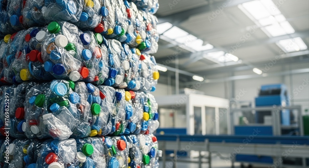 Obraz premium piles of compressed plastic bottles in recycling facility interior bright lighting