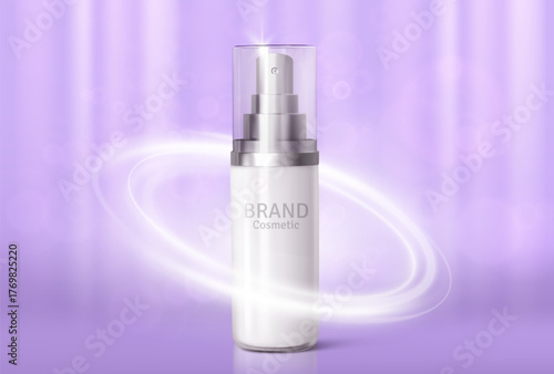 Cosmetic product ads template.Beautiful cosmetic templates for ads, realistic 3d silver bottle on a light purple background. Beauty design for premium product