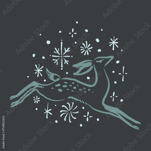 Winter Christmas New Year cute boho fairy tale baby rein deer without antlers animal icon print with snowflakes and evergreen brunches ornament elements, vector art flat dry brush cartoon hand-drawn