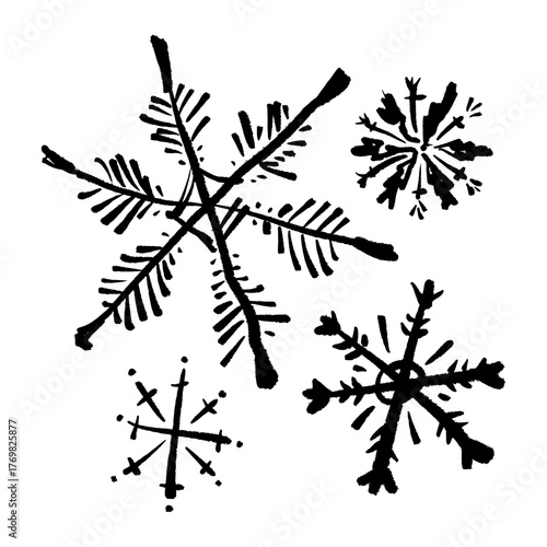 Set of New Year brush stroke or chalk ornate texture snowflakes icons, Christmas patterned black brush hand-drawn isolated elements on white background. Scandinavian Norwegian simple winter print
