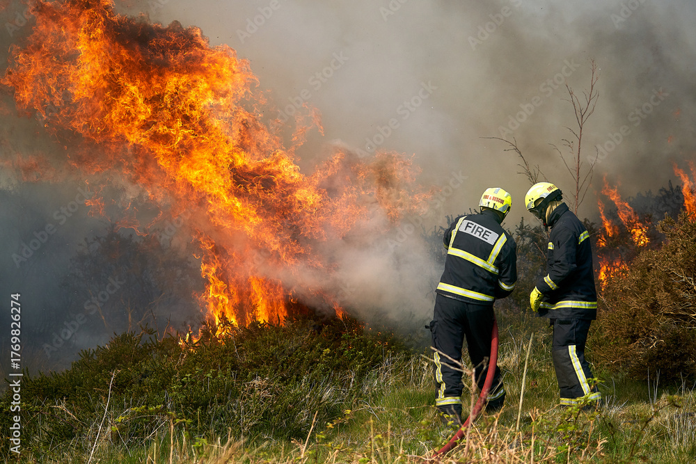 Fototapeta premium Wildfires fire burning with a lot of smoke, firefighters