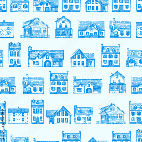 American and European houses seamless pattern. French villa and mansion. Hand drawn, engraved building with one or two floors. Suburban Real estate property icon. Drawing