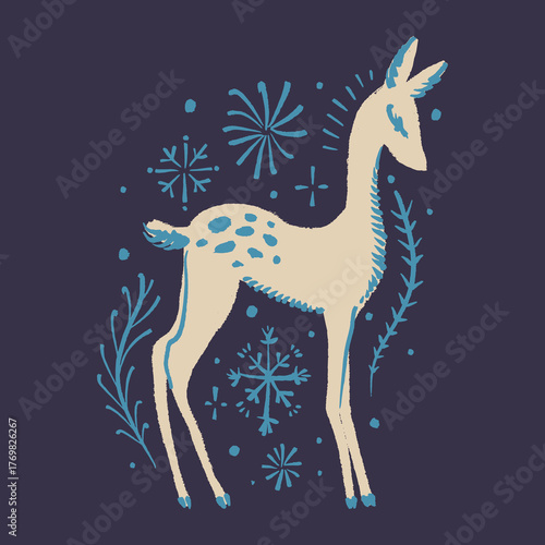 Winter Christmas New Year cute boho fairy tale baby rein deer without antlers animal icon print with snowflakes and evergreen brunches ornament elements, vector art flat dry brush cartoon hand-drawn