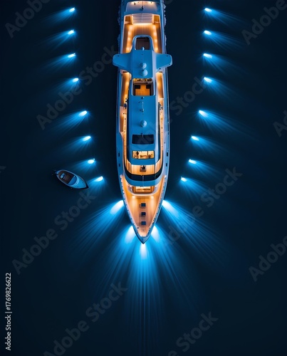 an aerial view of a luxurious yacht illuminated at night