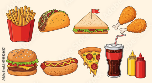 Delicious Fast Food Collection with Burger, Fries, Hot Dog, Pizza, and More.