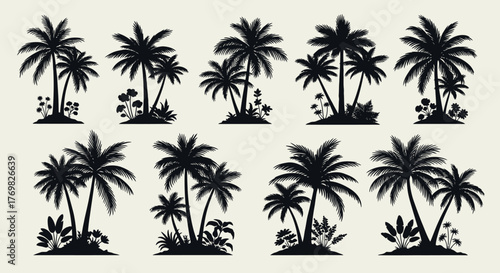 A diverse collection of black tropical palm tree silhouettes.