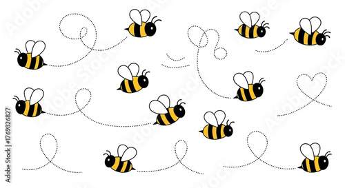Animated Bees Flying with Trails on White Background.
