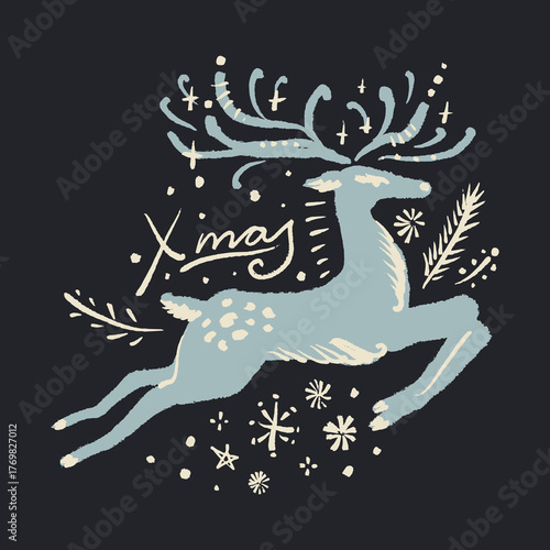 Scandinavian illustration with cute blue ice snow celestial night deer, Christmas tree evergreen brunches and snowflakes. Hand drawn Nordic forest drawing. Perfect for t-shirt print, greeting card
