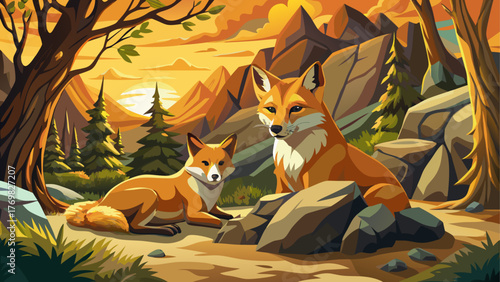 Vector of male and female foxes resting together near forest rocks, golden evening light, detailed fur texture, natural woodland scene, calm and loving mood