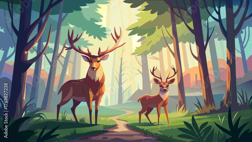 Realistic vector of a male and female deer standing in misty forest clearing, soft morning light, detailed fur, natural forest environment, calm and peaceful atmosphere
