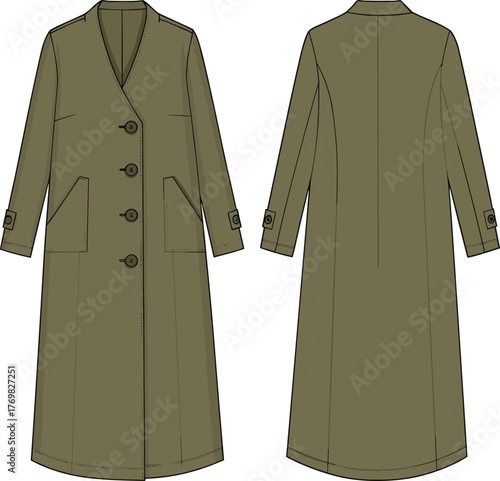 Long coat technical sketch, asymmetrical button closure, patch pockets, strap cuffs, tailored fit, front and back view, fashion flat, sewing pattern