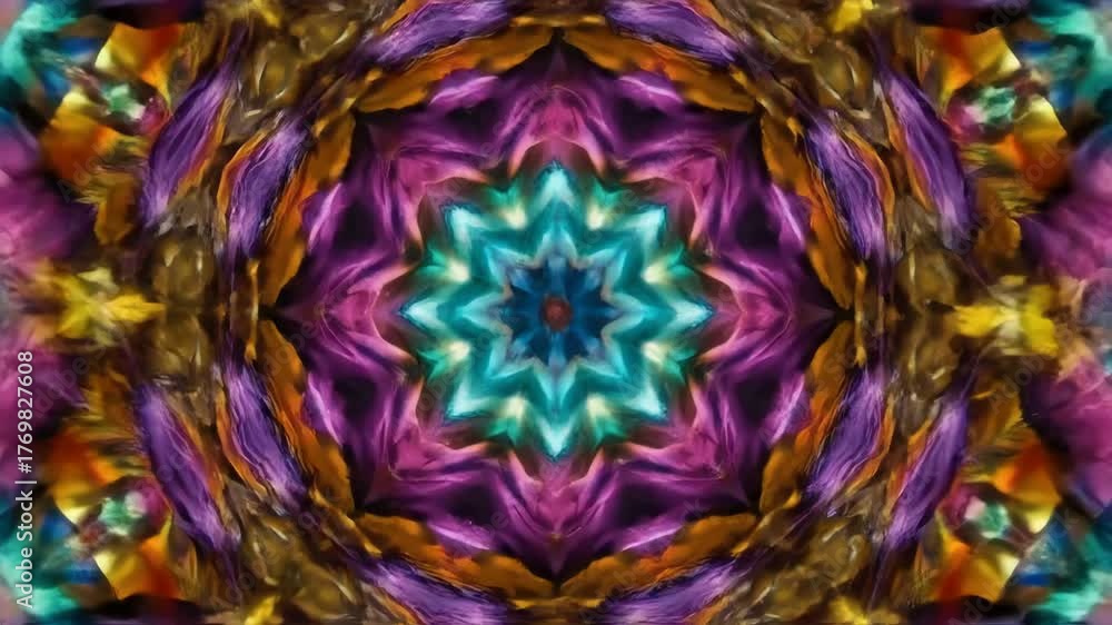 Abstract kaleidoscopic pattern with vibrant colors and symmetrical design