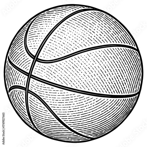Vintage Basketball Illustration, Hand Drawn Engraving Style, Retro Black and White Vector, Stipple Etching Sports Design, Classic Line Art