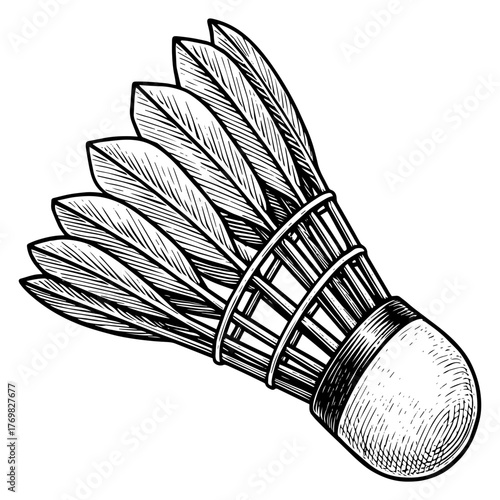 Vintage Badminton Shuttlecock Illustration, Hand Drawn Engraving Style, Retro Etching Vector, Classic Black and White Sports Art style isolated on transparent background