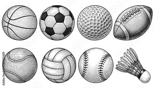 Vintage Sports Balls Set, Hand Drawn Engraving Style Collection, Retro Etching Vector of Classic Games and Equipment style isolated on transparent background