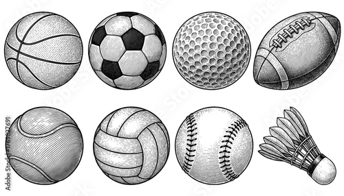 Vintage Sports Balls Set, Hand Drawn Engraving Style Collection, Retro Etching Vector of Classic Games and Equipment style isolated on transparent background