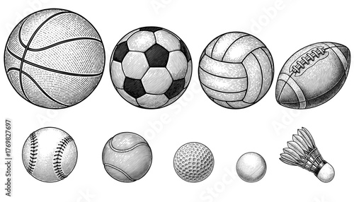 Vintage Sports Balls Size Comparison, Hand Drawn Engraving Style Illustration, Realistic Ball Sizes Isolated on White style isolated on transparent background