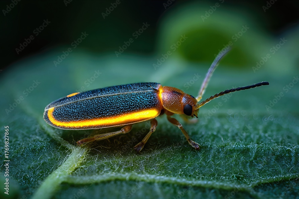 Fototapeta premium Glowing Firefly on Dewy Leaf at Night