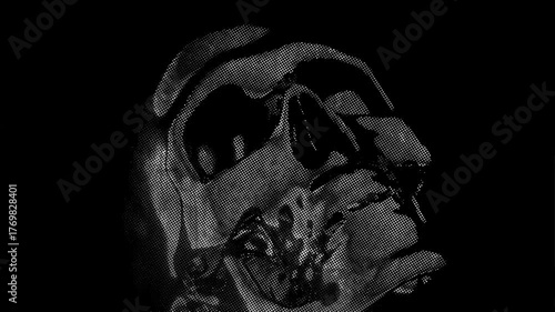 rotating human skull with halftone dot pattern and grunge textures on black background