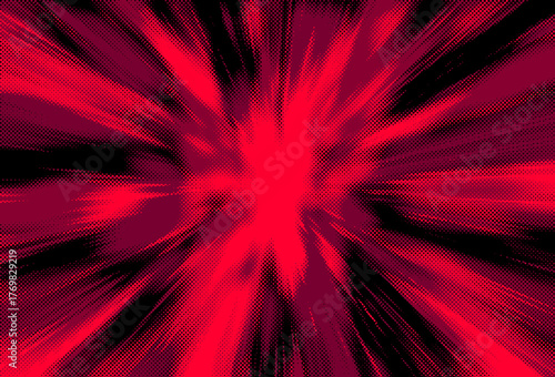 Manga-style background explodes in a dynamic radial burst of dotted red, magenta, and black rays from a glowing center. Sharp, streaking lines convey intense speed and power.
