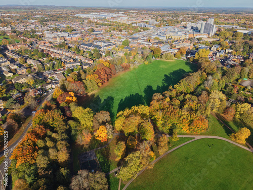 Aerial drone capture of Basingstoke town and centre on an autumnal day