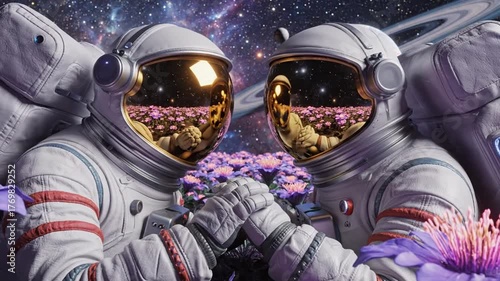 Astronauts amidst blooming flowers and celestial bodies digital illustration concept design