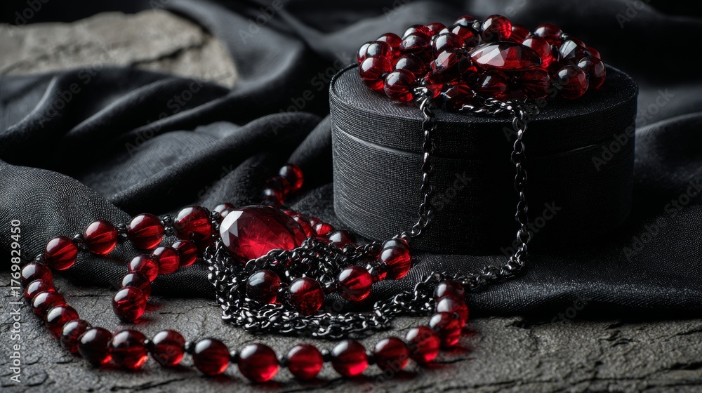 Fototapeta premium Luxury red and black jewelry beads in box for fashion, accessories or premium product visuals