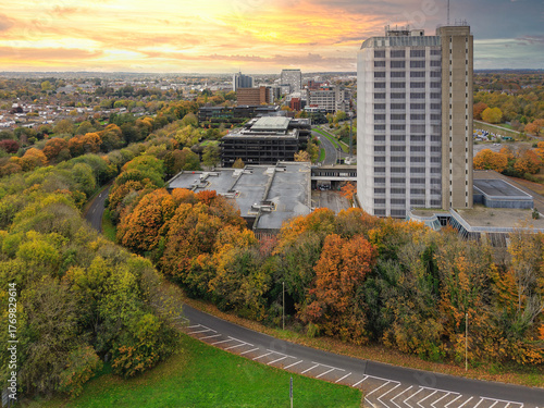 Basingstoke town centre's office district at sunset in Autumn