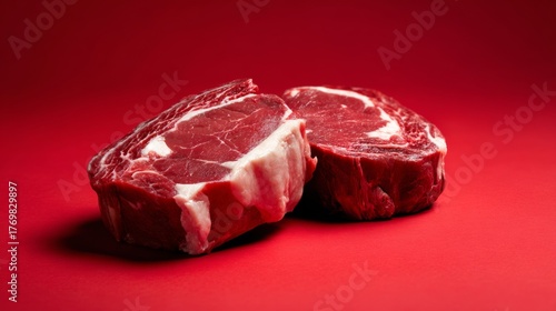 Raw red meat cuts on red background for butcher, carnivore diet or food product packaging visuals