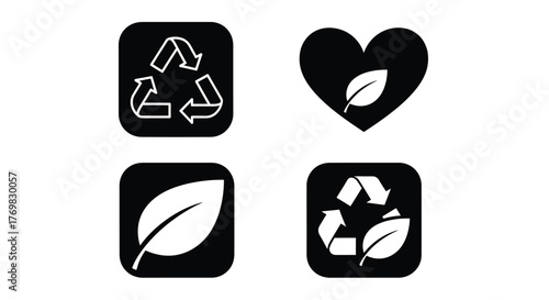 Black icons depicting environmental awareness recycling leaves and a heart