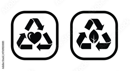 Two rounded square icons depicting heart and leaf recycle symbols