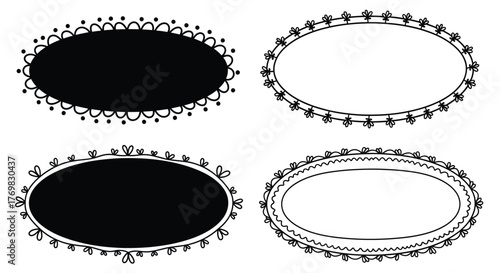 Four decorative oval frames in black and white ornate floral designs