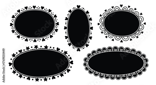 Black oval frames adorned with hearts and decorative swirls vector illustration