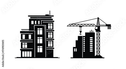 Black and white illustration of buildings under construction with a crane