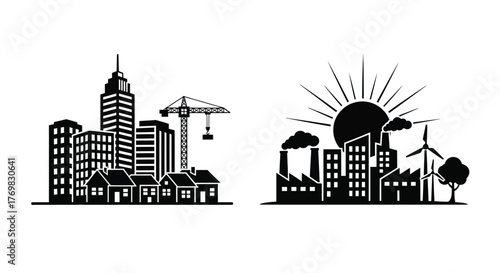 Cityscape silhouettes with construction sun and renewable energy elements displayed