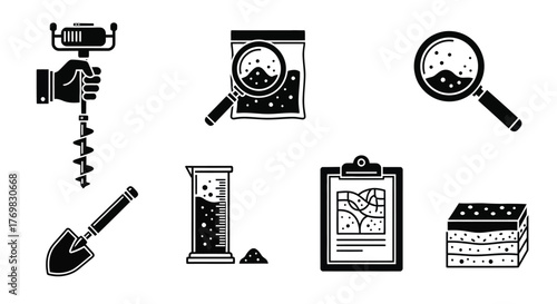 Soil analysis tools and equipment depicted in a monochrome style