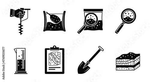 Laboratory equipment for soil analysis and scientific research in black and white
