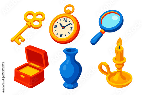Bold Antique Icons. Isometric vector illustration set Collectible Antiques: golden key, pocket clock, magnifying glass, glass vase
