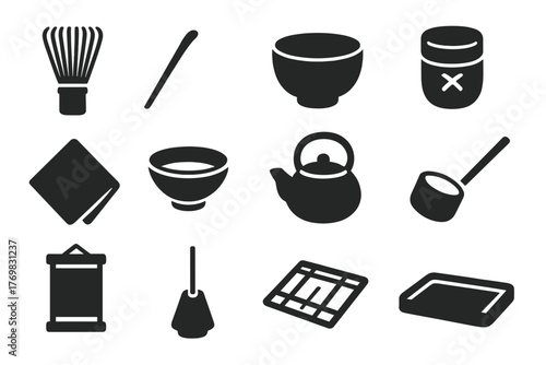 Matcha Ceremony Icons. Solid style icons of Japanese matcha ceremony: matcha whisk, bamboo scoop, matcha bowl, tea caddy, silk