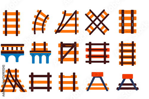 Vibrant Train Track Icons. Flat vector icons of train tracks: straight rail, curved track, railroad switch, crossing track, bridge