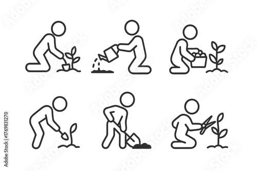 Garden Activity Icons. Line style icons of garden activities: planting, watering, harvesting, weeding, digging, pruning. No text,