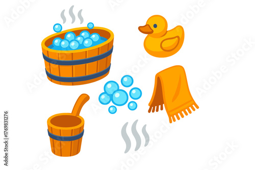 Traditional Bathhouse Illustrations. Isometric vector illustration set Traditional Bathhouse: wooden bathtub, rustic rubber duck,