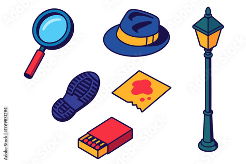 Noir Detective Icons. Isometric vector illustration set Noir Detective: magnifying glass, tilted fedora, deep footprint,
