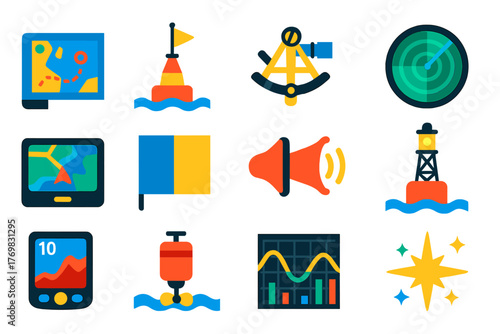 Sea Navigation Icons. Flat vector icons of sea navigation: nautical chart, buoy marker, sextant, radar screen, GPS display, signal