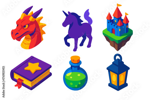 Magical Creatures Icons. Isometric vector illustration set Magical Creatures: dragon head, unicorn silhouette, floating castle,